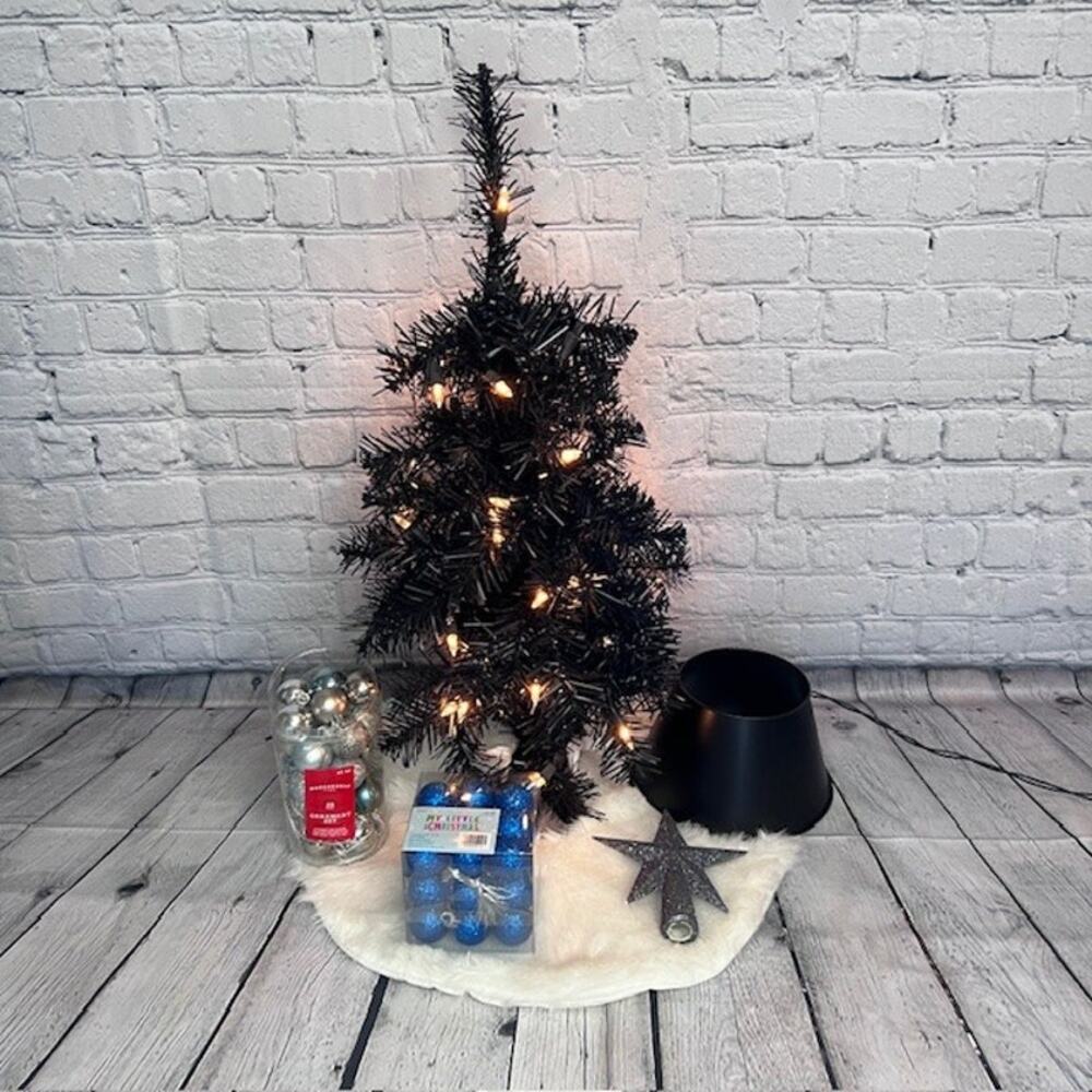 Mini 6 Piece Black Christmas Holiday Tree & Ornaments, Tree Skirt & Star Lot